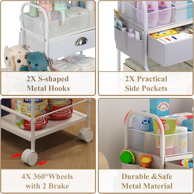 Baby Diaper Caddy Cart Organizer -3 Tier, Bedside Nursery Essentials Organizer & Storage Holder for Newborn Baby Stuff, 2+1 Dividers, 1 Drawer,Rolling Utility Cart for Bedroom,Changing Table, Crib.