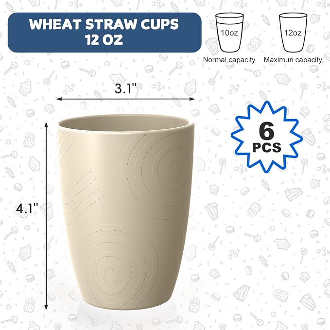 Unbreakable Wheat Straw Cups Set of 6, 12 OZ Reusable Plastic Cup Alternative, Dishwasher Safe Drinking Cups for Kitchen, Camping, Kids, Beige