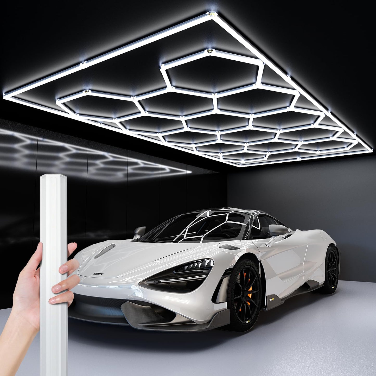CyanCliff Updated Bigger Size 14 Grid Hexagon Garage LED Lights with Widen 1.33IN Illuminated Surface, 108000LM Led Lights System for Garage, Basement,Warehouse(White Edge) Patent No.US0D1109406S