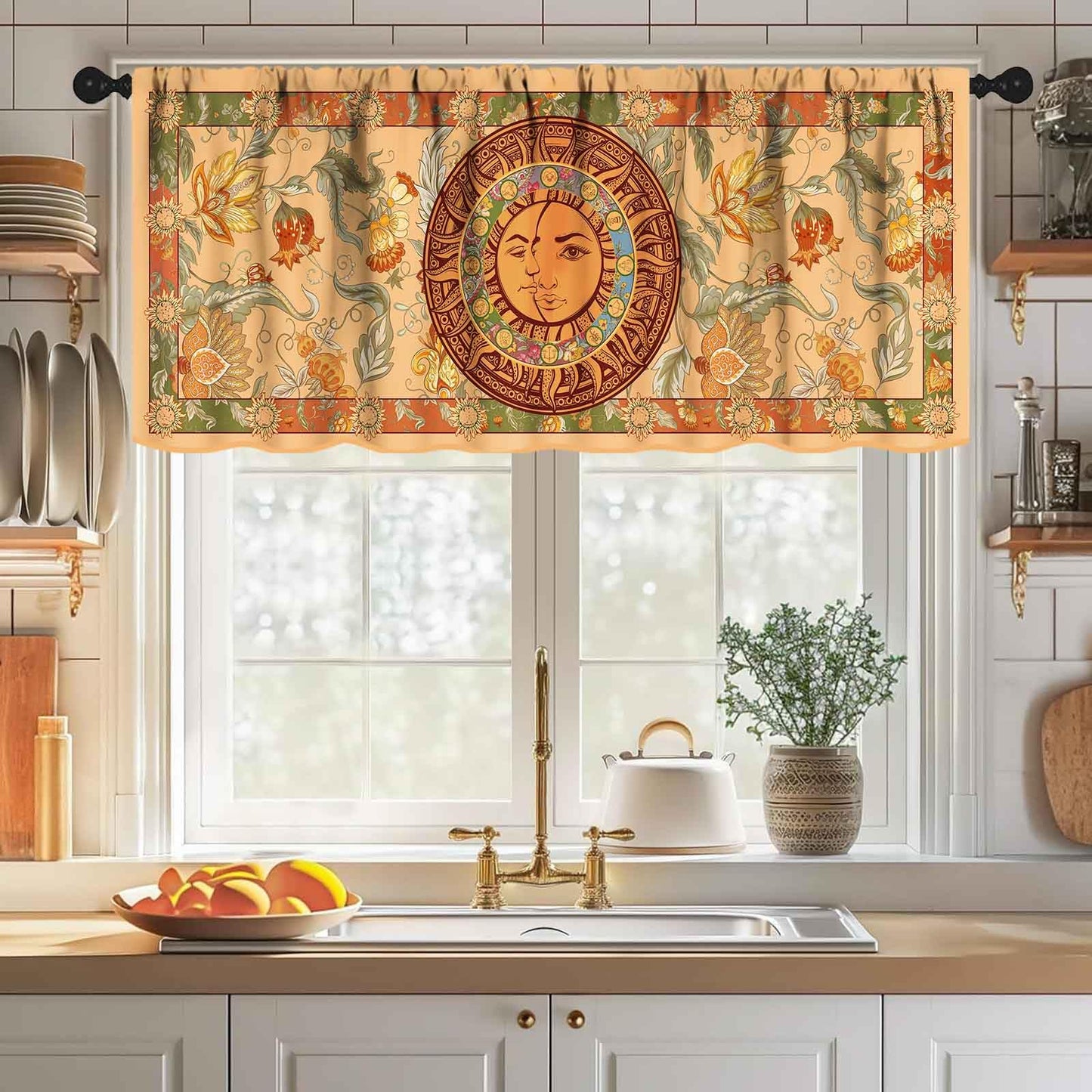 Lnepty Boho Sun Valance Curtains,Gothic Witchy Hippie Mandala Sun Stars Mystic Constellation Aesthetic Tarot Window Valance for Kitchen Living Room Bathroom 1 Piece,54x18 Inch
