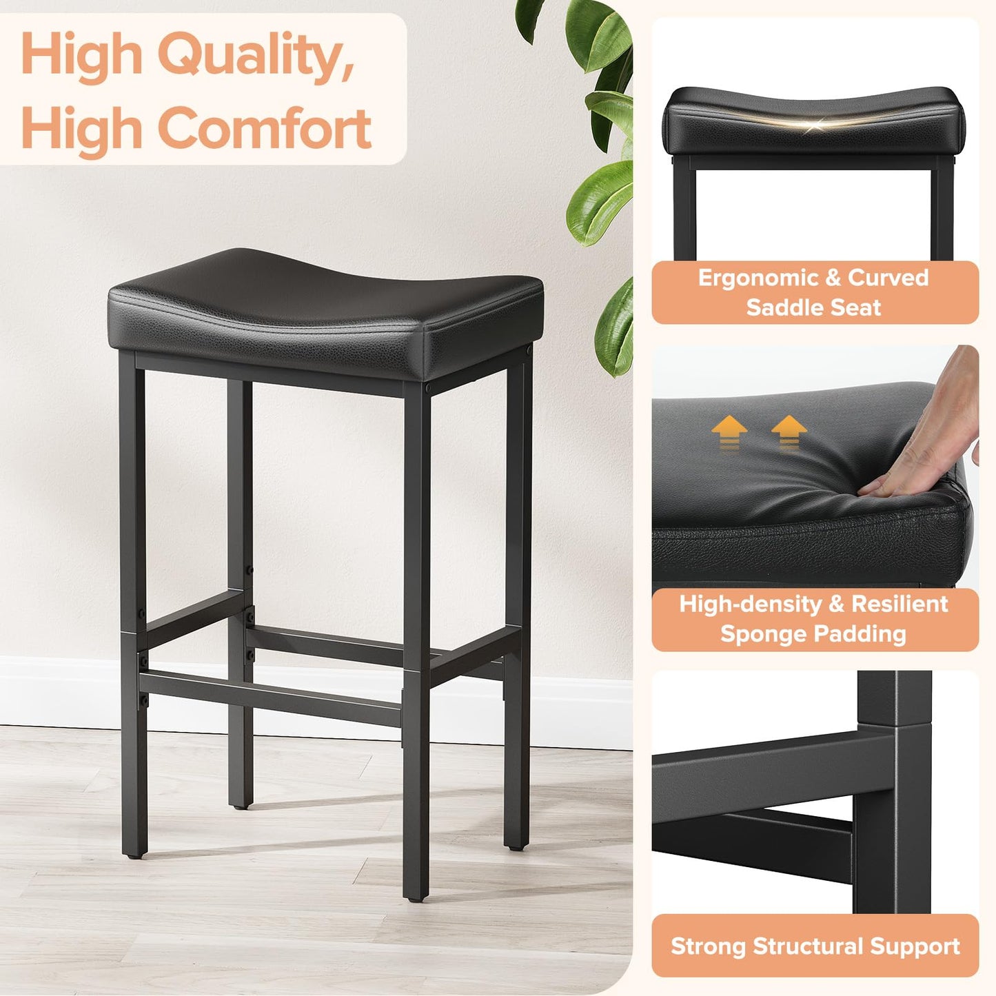 Vellorise 24 Inch Counter Height Bar Stools Set of 2, Compact Counter Stools for Small Spaces, Premium Faux Leather Barstools with Right-Sized Saddle Seat & Metal Legs, 15-Minute Easy Assembly, Black