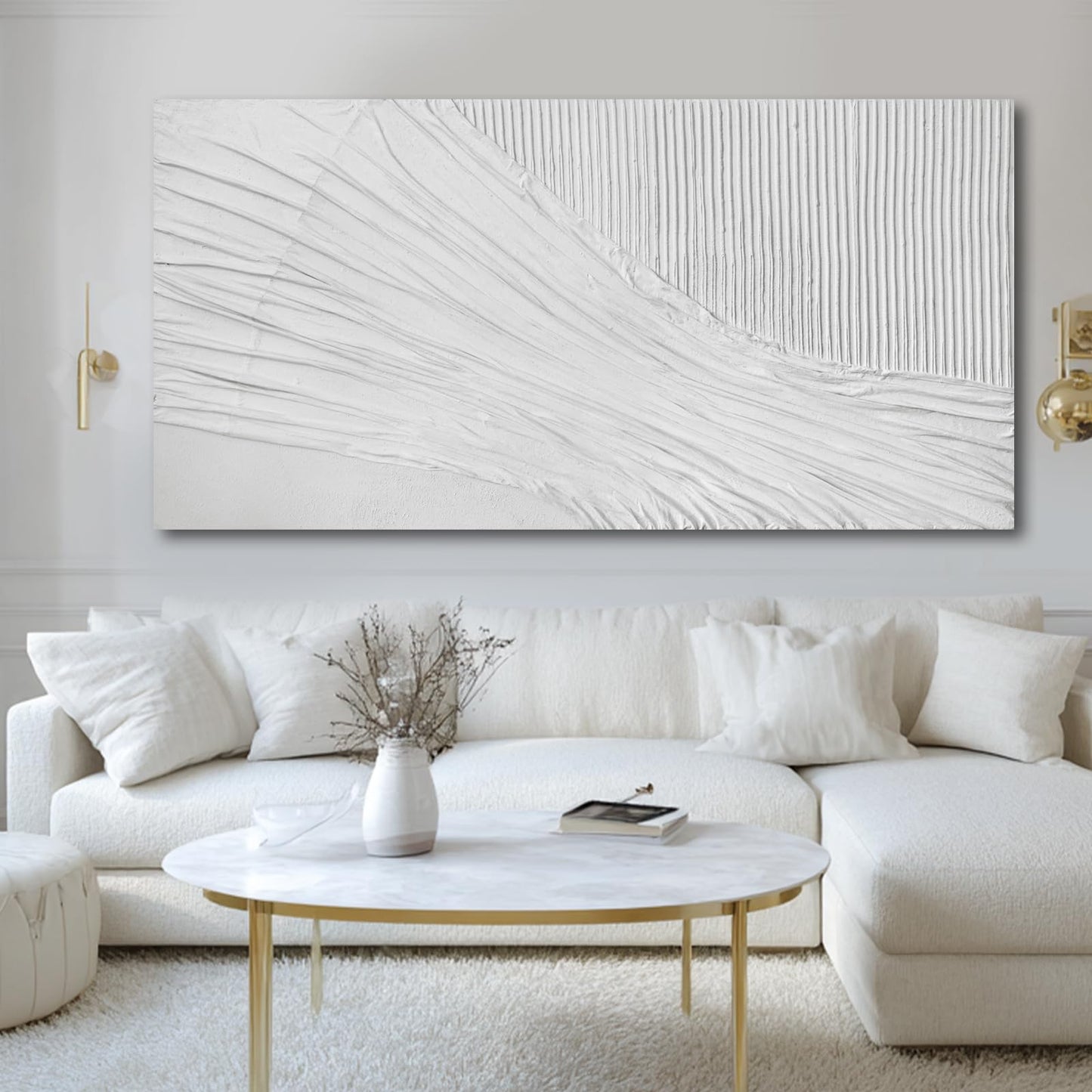 White Textured Abstract Canvas Wall Art, 29x58 Large Minimalist Wall Decor with 3D Pattern, Modern Neutral Framed Wall Art for Living Room Bedroom Entryway