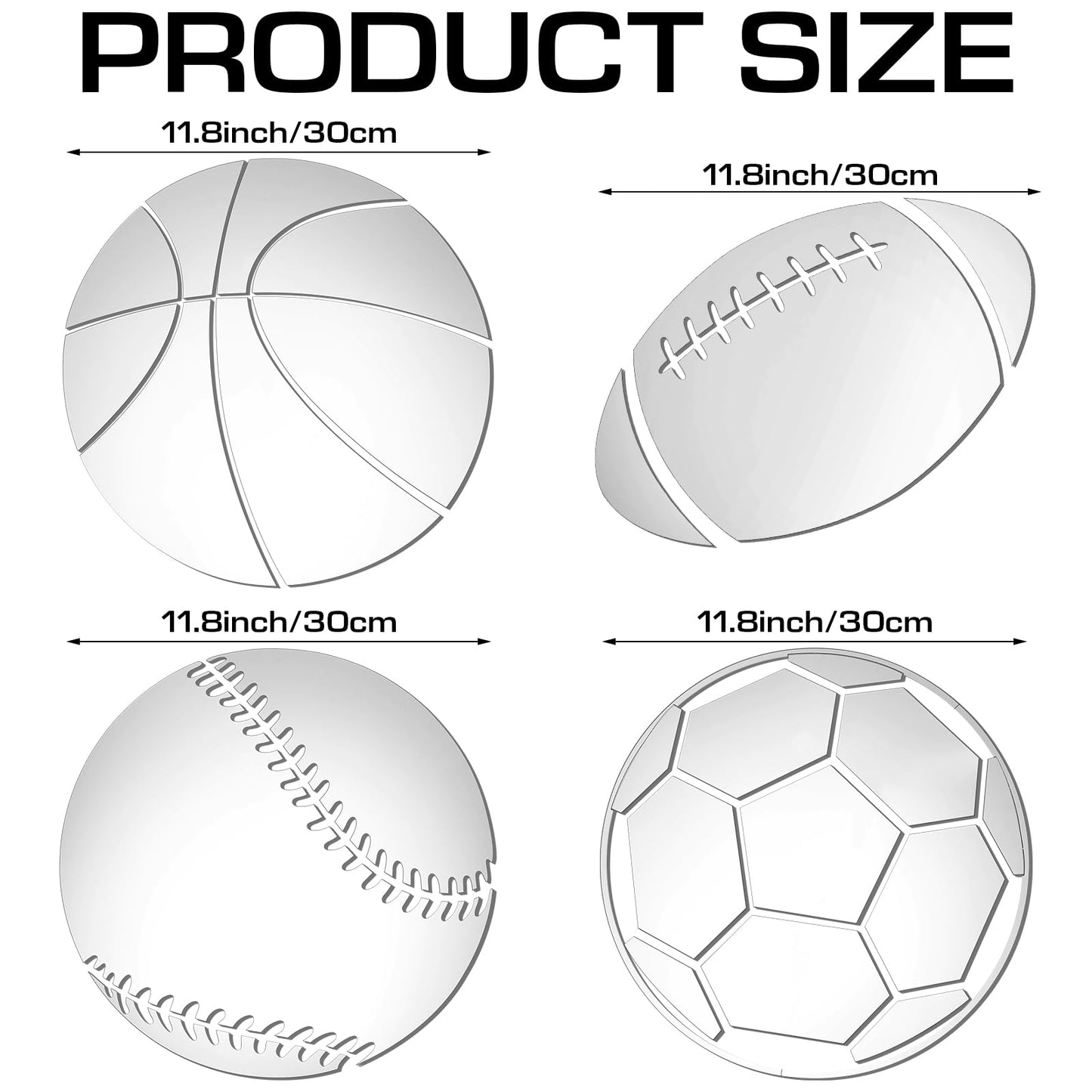Kathfly 4 Pcs Sports Room Wall Mirror Decor Football Basketball Soccer Baseball Mirror Wall Decal Sticker for Sports Bedroom Nursery