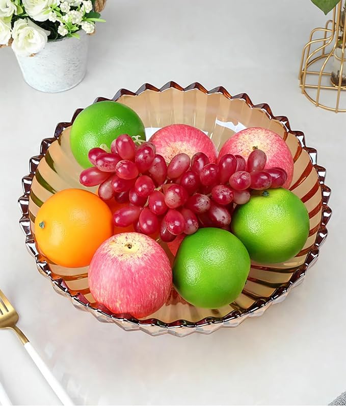 Glass Fruit Bowl or Decorative Bowl, used for Kitchen counter or living room center table decoration, 12.5 inch Fruit Bowl or Center Bowl (Amber)