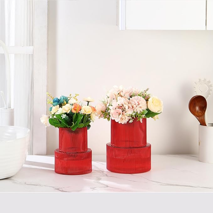 Ribbed Glass Vases for Bouquet, Set of 2 Red Vases for Flowers, Red Glass Vase for Tulips, Modern Vase for Living Room, Office, Coffe Table, Dining Table, Shelf, Wedding