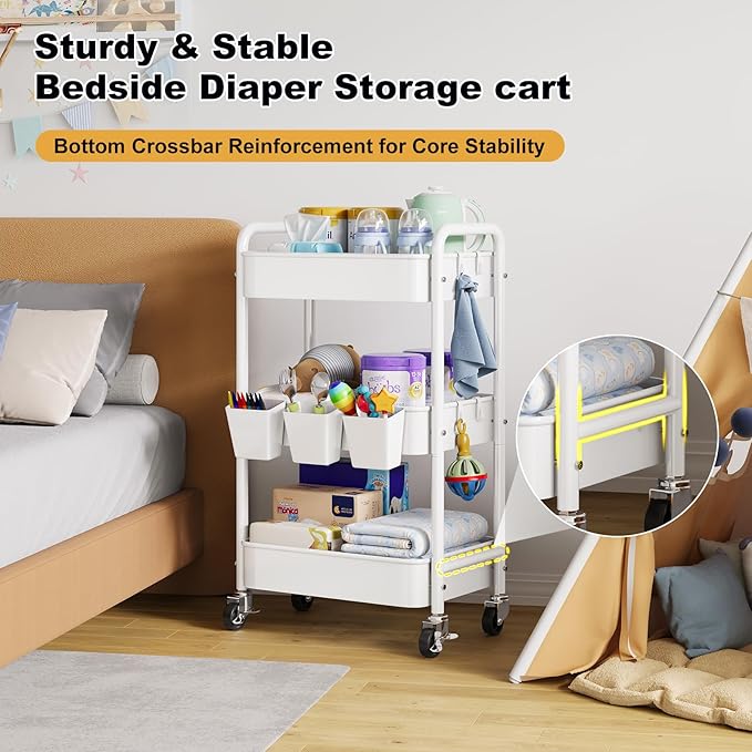 Diaper Cart Organizer with Wheels, 3 Tier Rolling Bedside Cart for Baby Essentials, Baby Organizers and Storage Diaper Caddy Carts for Changing Table, Crib, Bedroom, Newborn Nursery Supplies, White