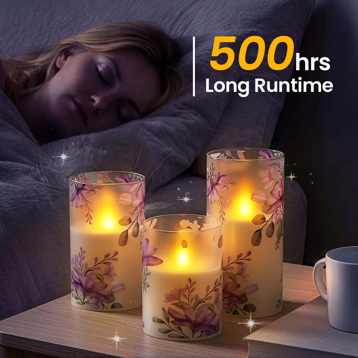Wroxipel Pack of 3 Flameless Daily Timer Flickering Real Wax Pillar Candles, 3" x 4" 5" 6" LED Battery Operated Purple Flowers Glass Warm Light with Remote Control
