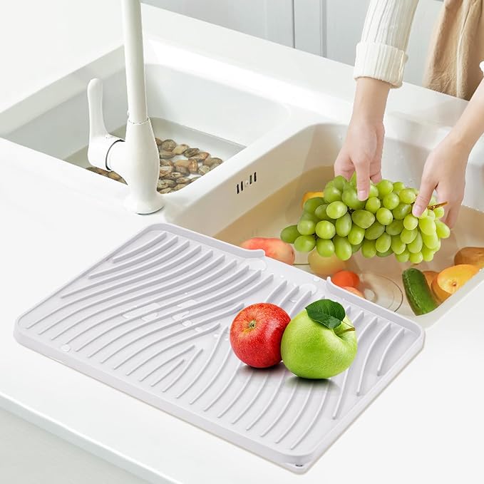 TIKNIK Silicone Dish Drying Mat for Kitchen Counter - Heat Resistant & Non-Slip Dish Drain Pad with Built-In Drain, Dishwasher Safe, Quick-Dry, Hangable & Roll-Up for Storage, White-1pcs, 16" x 12"
