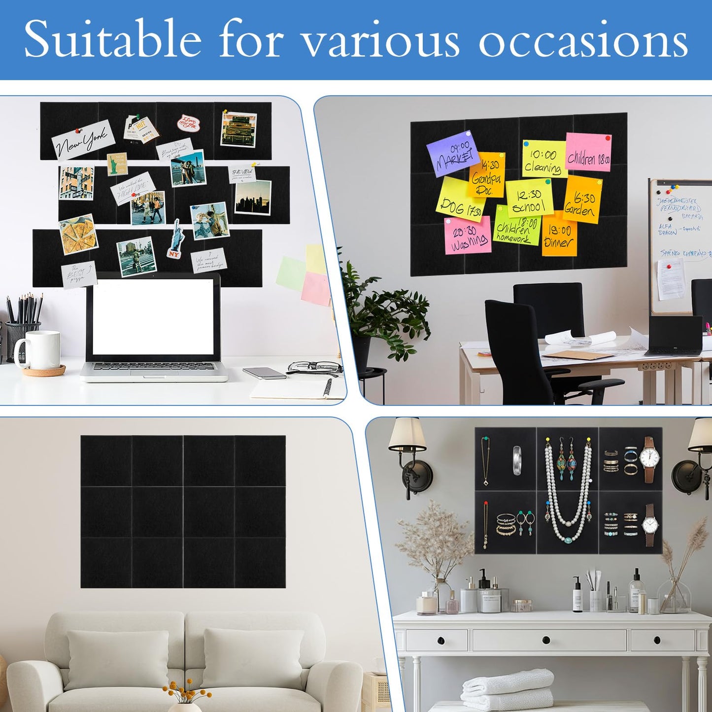 12 Pack 47x35 Inch Large Cork Board Alternative, Black Felt Bulletin Boards Wall Tiles with Push Pins and Removable Adhesive Tabs, for Office Home Pin Board