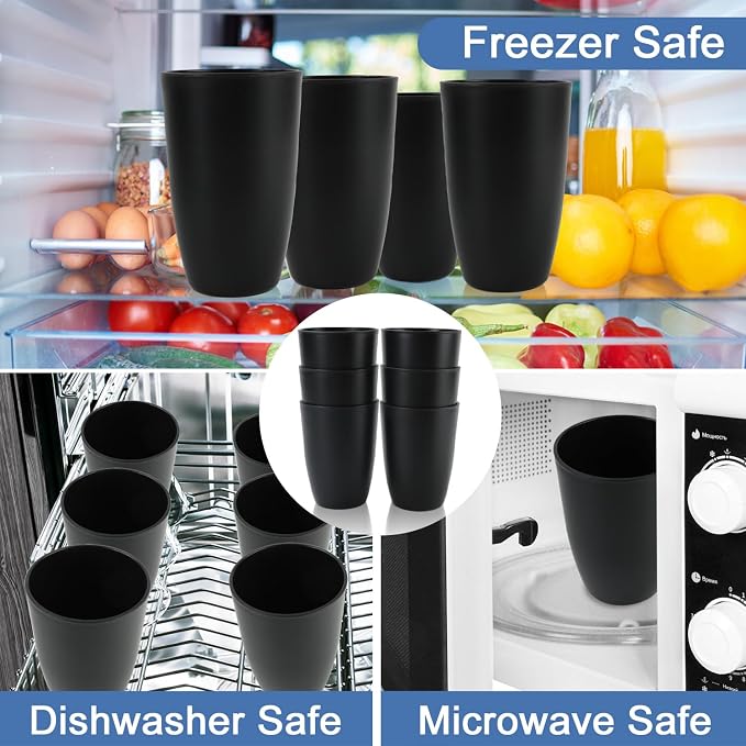 20 OZ Wheat Straw Cups SetS of 6, Unbreakable Drinking Cup, Alternative to Plastic Cups Reusable, Microwave & Dishwasher Safe Big Cup, Large Drinking Glasses for Kitchen, Party (Black)