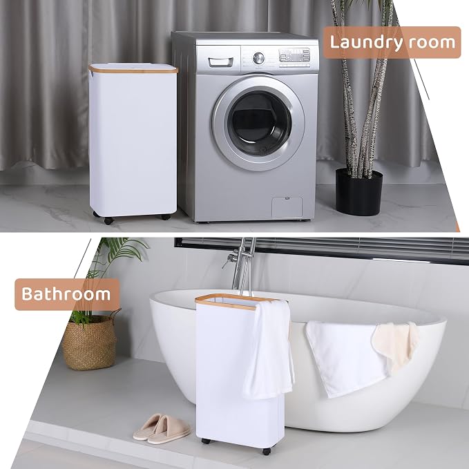 Slim Laundry Basket with Wheels,Narrow Hampers for Laundry(60L White) | Freestanding Laundry Hamper with Lid&Bamboo Handles,Collapsible & Waterproof Tall Cloth Hamper for Dorm Family