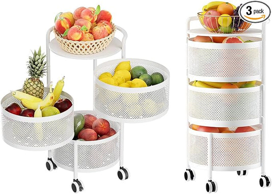 JAQ No Assembly Integrated Rotating Storage Cart, 3-Tier Rolling Storage Cart with Wheels, Solid Carbon Steel Onion Potato Storage, Kitchen Storage Cart, Vegetable Storage Cart, White