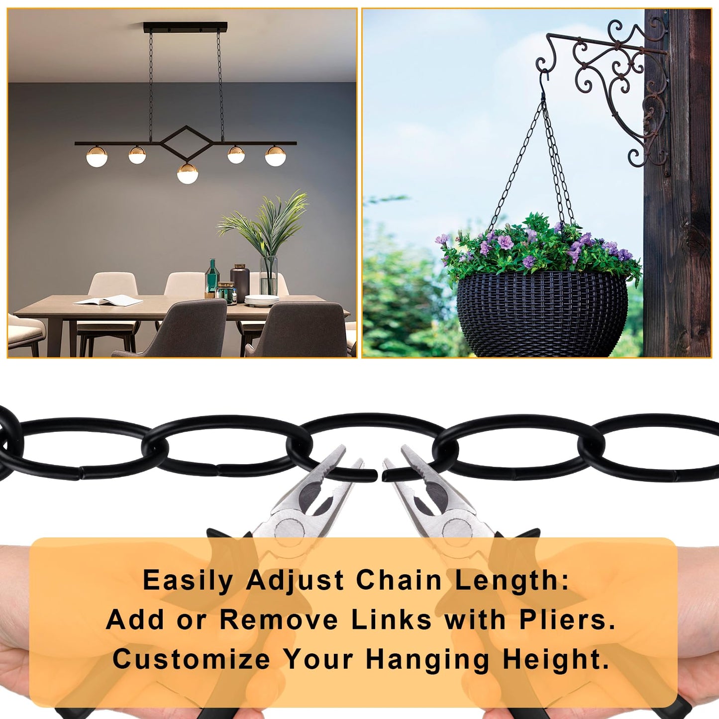 Rkoyes 6 Feet Industrial Black Light Fixture Chain, 72 Inches Long, Metal Chain for Hanging Plants with Detachable Link, Decorative Black Chain for Hanging Chandelier, Lamp, Baskets, Bird Feeders