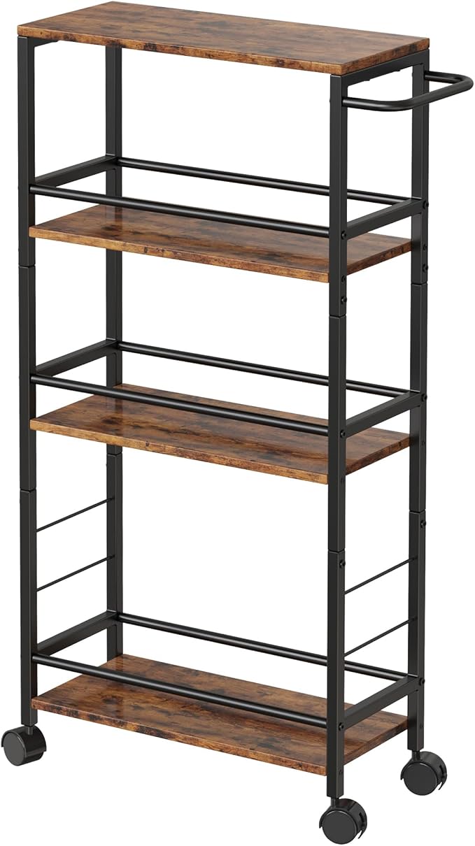Slim Rolling Cart, 4-Tier Kitchen Storage Rolling Cart, Narrow Cart with Handle, Mobile Utility Cart for Small Space, Shelving Unit for Kitchen, Dining Room, Living Room, Home Office, Laundry Room