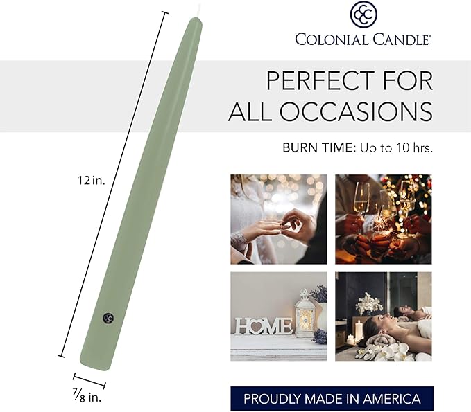 Colonial Candle Unscented Taper Candle, Handipt Collection, Colonial Classic Green, 12 in, Pack of 12 - Up to 10 Hours Burn