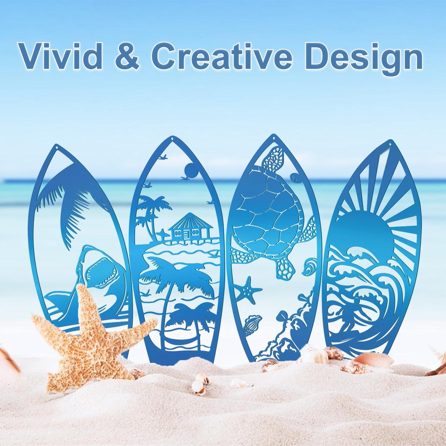 Beyoogeem 4Pcs Metal Surf Board Wall Decor Summer Surfboard Beach Signs Shark Palm Tree Wall Art Tropical Wall Decor Hanging Coastal Wall Decor Sea Turtle Wall Decoration for Wall Door (Blue)