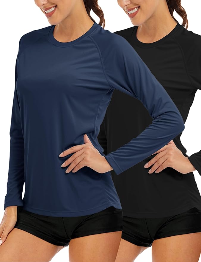 MAGCOMSEN Women's 2 Pack Long Sleeve Shirts UPF 50+ Sun Protection Quick Dry Swim Shirt for Rash Guard Fishing Workout