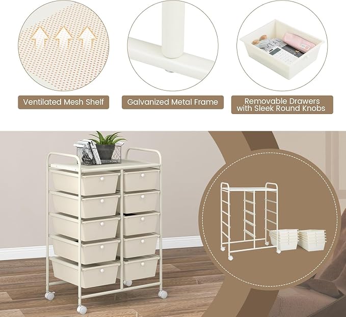 LDAILY 10 Drawer Rolling Cart, Storage Cart Organizer on Wheels, Drawer Cart with Metal Frame & Large Storage Capacity, Rolling Cart with Drawers for Living Room Classroom, Office