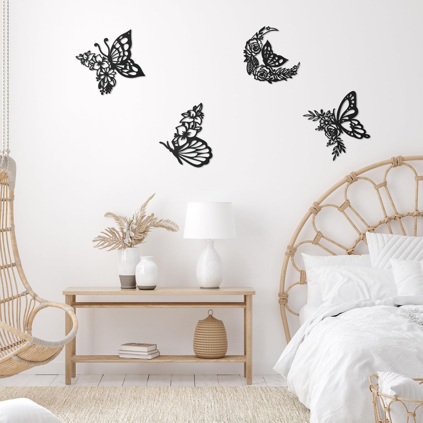 LOYIM 4 Pcs Butterfly Wall Decoration Metal Butterfly Wall Decor Metal Leaf Wall Art Moon Phases Floral Boho Wall Hanging Home Flower Appearance for Bedroom Living Room Home Indoor (Black,Graceful)