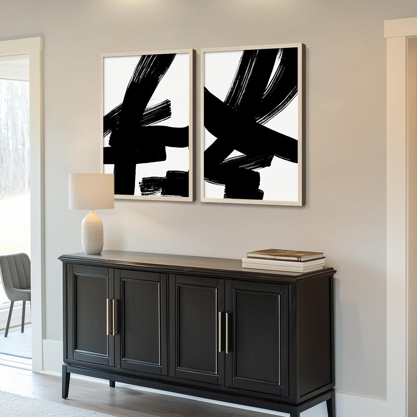 2Pcs Framed Black and White Abstract Thick lines Wall Art Canvas Prints Modern Minimalist Gallery Picture Posters Brush Stroke Wall Decor Living Room Bedroom Office 12x16 Inch Ready to Hang