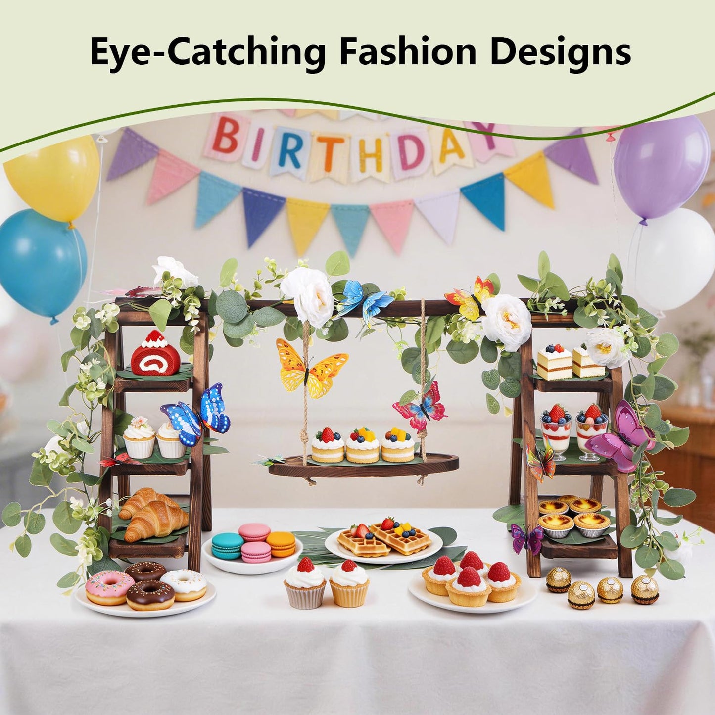 Wooden 3 Tier Cupcake Stand with Flower Vine, Palm Leaves & Decorative Butterflies, Cupcake Holder for Tea Party Supplies, Serving Trays for Party Perfect for Dessert Cups and charcuterie Cups