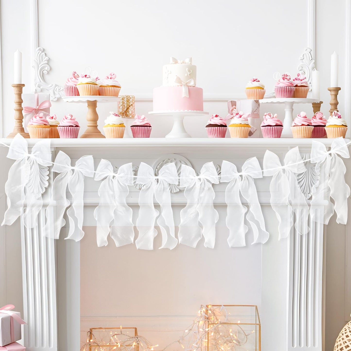 White Ribbon Bow Garland Banner, Girls Bow Birthday Party Decorations, Baby Shower Decor, Tying The Knot Bridal Shower Engagement Wedding Valentines Day Bows Party Supplies