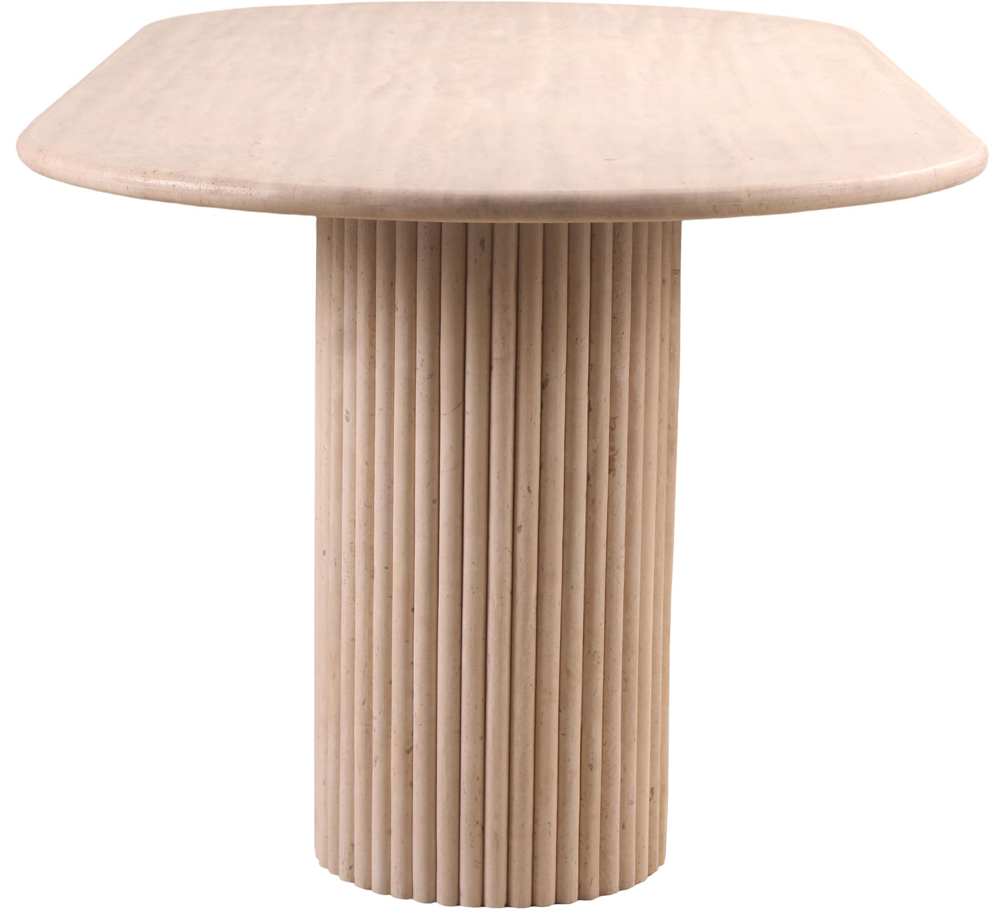 Meridian Furniture Messina Collection Art Deco Travertine Dining Table, Fluted Travertine Bases, Oval Top, 87" W x 39.5" D x 30" H, Beige Travertine