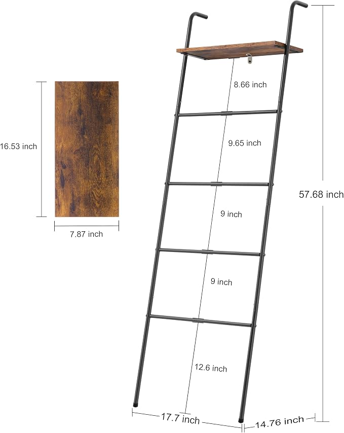 Blanket Ladder 5 Layer Wall-Leaning Blanket Rack with Shelf Decorative Blanket Ladder Shelf Metal Leaning Towel Ladder Rack for Blankets or Quilts for Living Room Bathroom Rustic Black