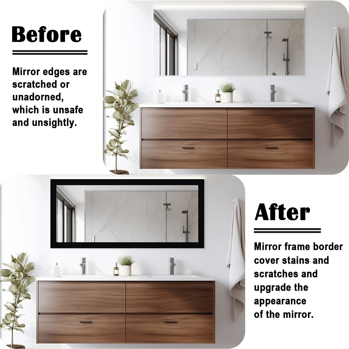Alened 10M Black Wood Grain Mirror Frame Border Peel and Stick Wallpaper, Removable PVC Waterproof Bathroom Mirror Tape Sticker Trim, Kitchen Wallpaper Self Adhesive Decor Sticker 2" x 393"