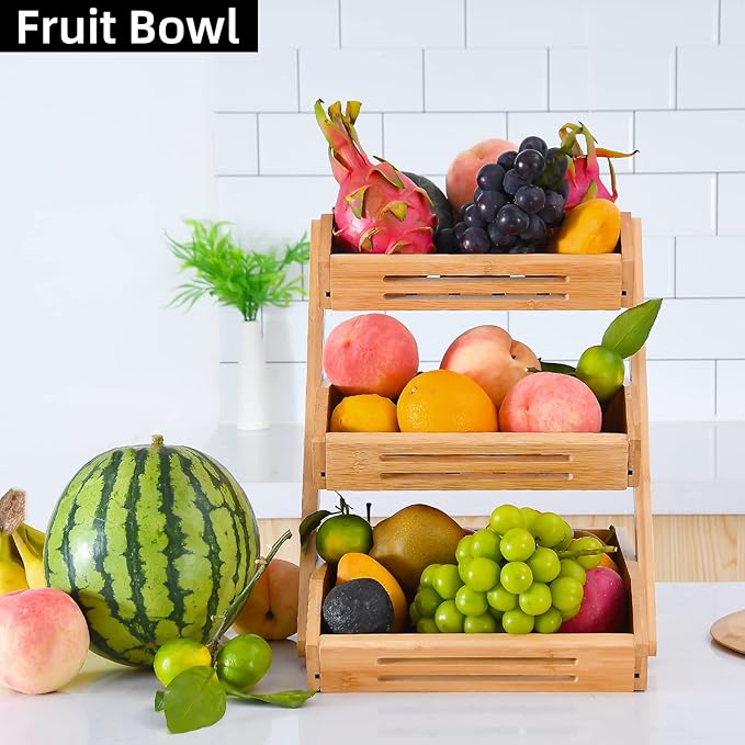 VIKEYHOME Fruit Basket, 3 Tier Bamboo Fruit Bowl for Kitchen, Stand Storage Holder, Heavy Duty/Large Capacity for Fruit, Vegetables Countertop Organizer