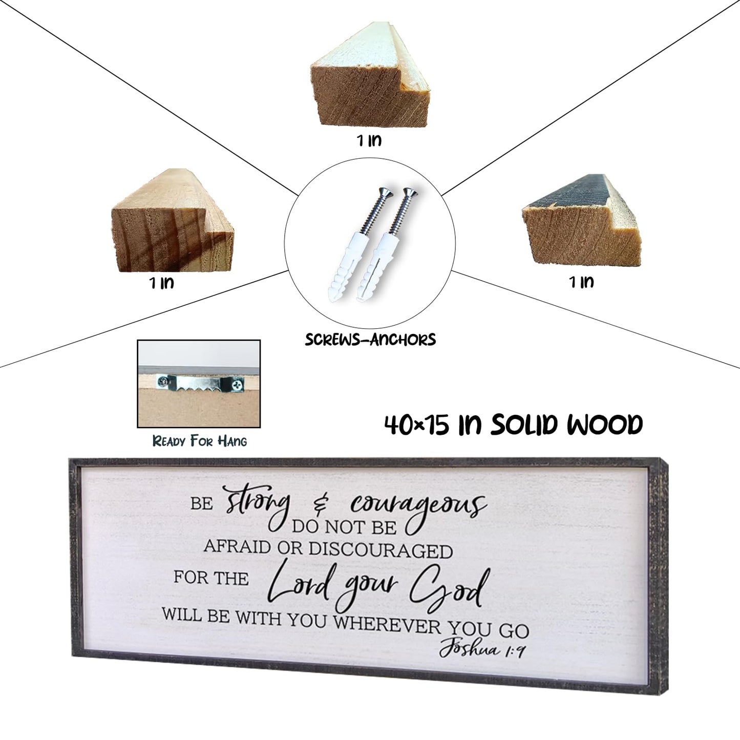 Be Strong And Courageous Sign Wall Decor 40"x15" Large Farmhouse Living Room Plaque Joshua 1:9 Bible Verse Inspirational Quote Positive Faith Home Hanging Rustic Catholic Scripture Christian Art (Black)