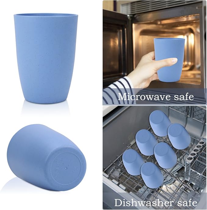 Wrova Wheat Straw Cups 6 PCS Good Alternative to Plastic Reusable Cups 12 oz Unbreakable Drinking Cup Reusable Dishwasher Safe Water Plastic Glasses Light Blue