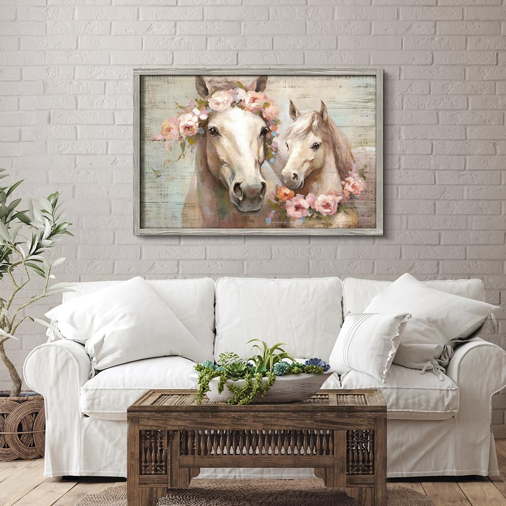 Rustic Horses Wall Art Decor: Western Farm Equine Wooden Picture Country Animals Ponies with Wreath on Head Painting Artwork for Living Room Bedroom 45" x 30"