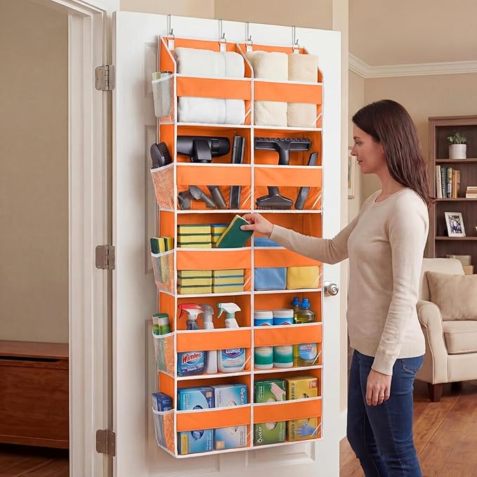 Over The Door Organizer 5 Tiers, Extra Large Behind Door Storage of 10 Compartments, 80 lbs Weight Capacity Hanging Storage Organizer with Clear Window Kids Toys,Shoes,Diapers,Room Storage,Orange