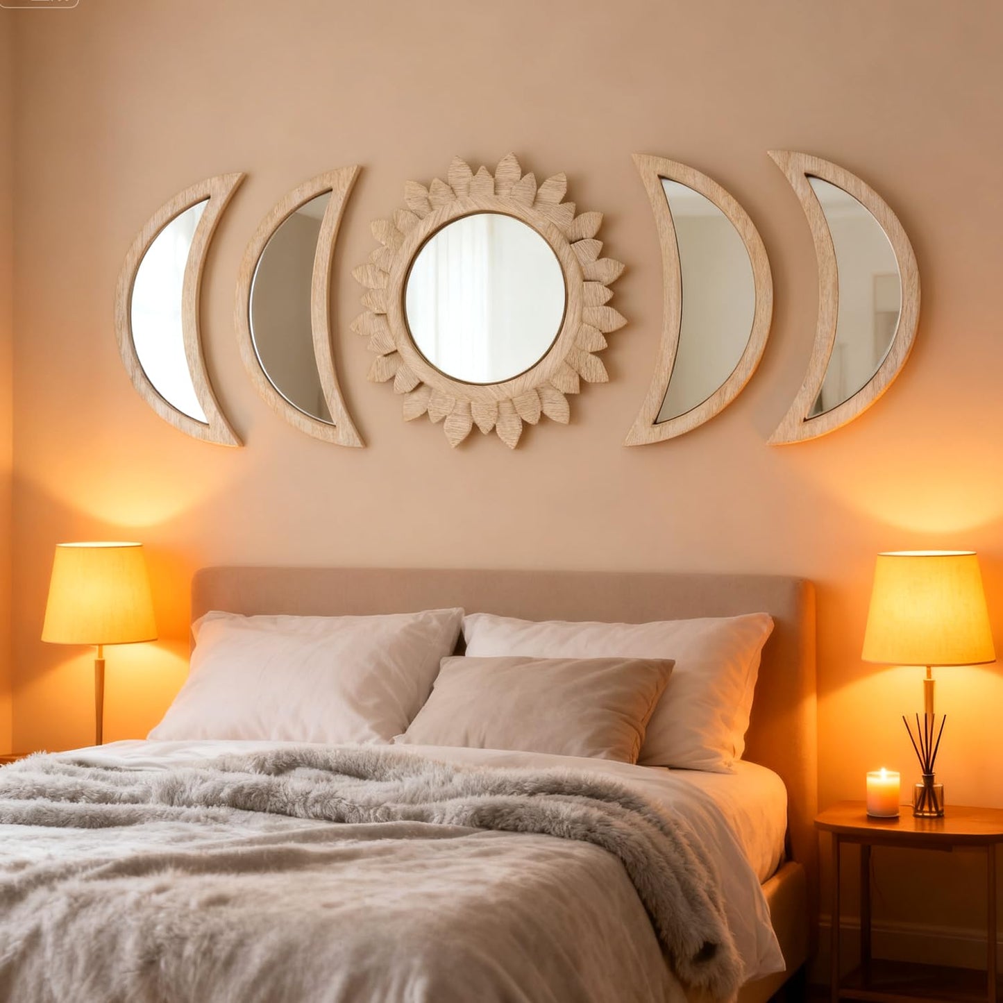 Cpcdaosk 5 Pieces Moon Phase Mirror Wall-Mounted Wall Decor Mirrors Natural Wooden Sunburst Bohemian Wall Art for Home Living Room Bedroom Decoration