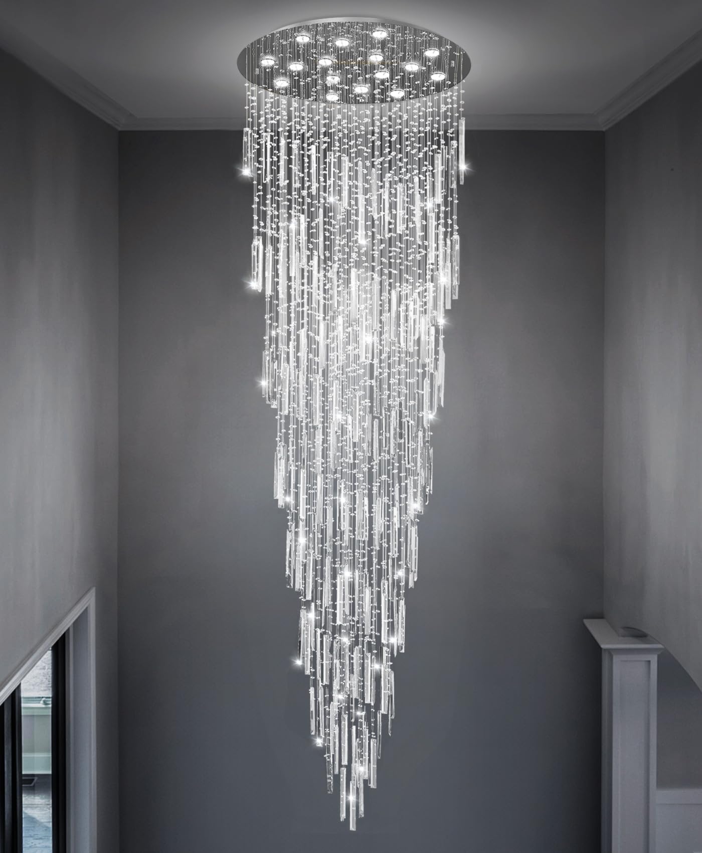 D40'' x H120'' Crystal Chandelier High Ceiling Chandeliers for Entryway Large Raindrop Chandeliers LED Dimmable Flush Mount Light Fixtures for Staircaes Foyer Hallway Living Room Bulbs Included Silver