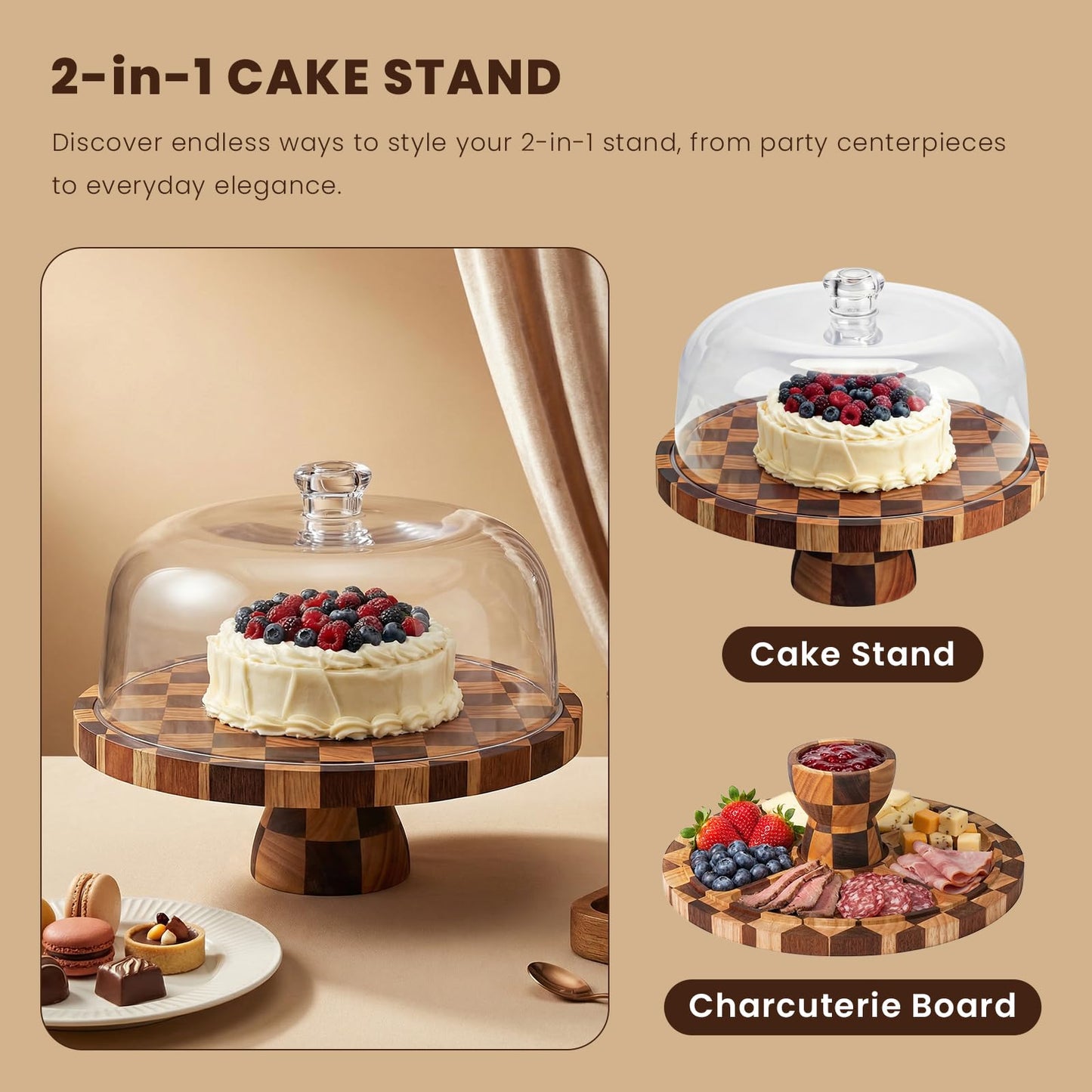 Metflavor Cake Stand with Dome Lid - 12in Wooden Cake Stand with Shatterproof Acrylic Dome, 2-in-1 Dessert Display & Charcuterie Board, Checkered Platter for Serving Cupcakes, Cheese and Fruits