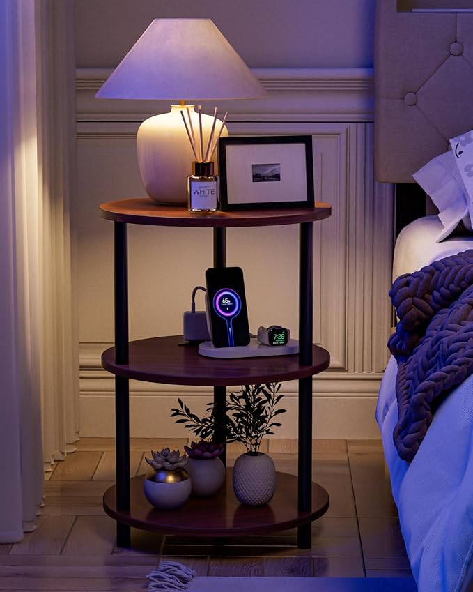 XBurmo Small Round End Table - 3 Tier Design Accent Table, Narrow Side or Bedside Stand, Industrial Vintage Table for Small Spaces, Built-in USB Ports and Power Outlet, Rustic Walnut