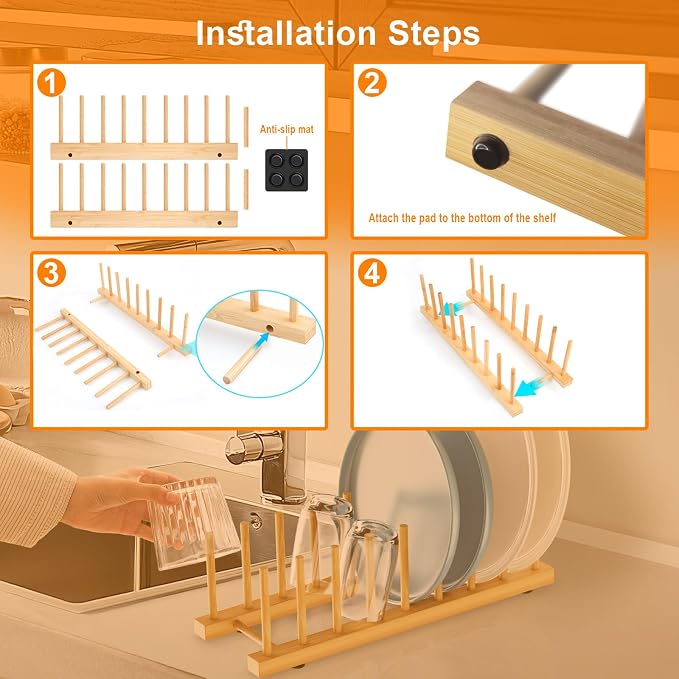 Bamboo Dish Drying Rack for Kitchen Organizer-Sturdy Plate Rack Organizer with Natural Bamboo, Dish Rack Holds Plates, Cups & Cutting Boards-Dish Drying Rack for Countertop & Cabinets（2 Pack）