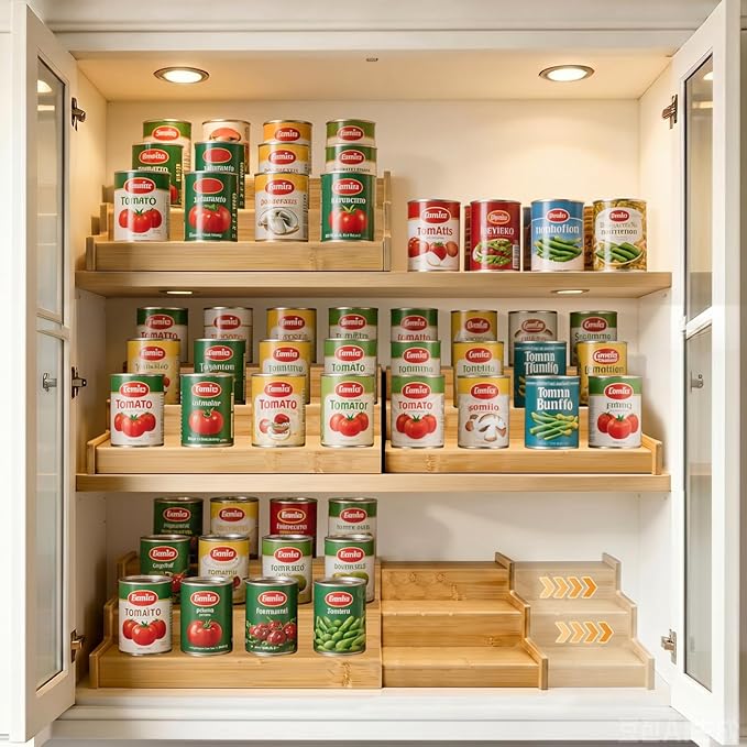 Artcochan 3 Tier Expandable Bamboo Can Rack Organizer for Pantry，Adjustable Pantry Organizers Holds Up to 24 Soda Cans,Canned Food Storage for Kitchen Cabinet Countertop