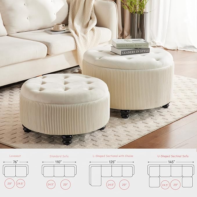Round Ottoman with Storage Set of 2 Upholstered Velvet Vanity Stool for Living Room Storage Ottomans Multifunctional Foot Rest (Large-Off White)