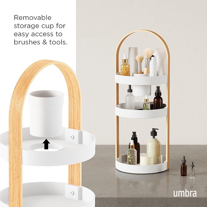 Umbra Bellwood Caddy, Organizer for Makeup and Cosmetics, Durable Rotating Container with Wooden Handle, Large, White/Natural