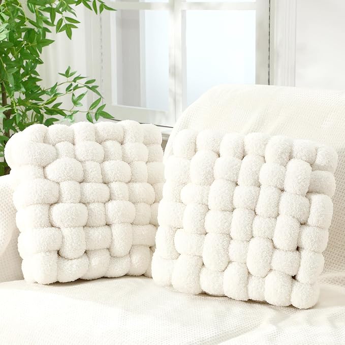 Wenqik 2 Pcs Knot Pillows Square Knotted Plush Throws Soft Accent Pillows Decoration Cushion for Couch Home Office Living Room Bedroom Bed Sofa Decor, 12'' x 13''(Cream White,Lambswool)