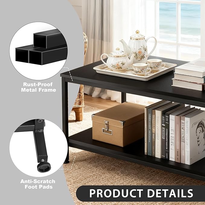 SUPER DEAL 2-Tier Coffee Table with Storage Shelf for Small Apartment Living Room, Rectangle Wood and Stable Metal TV Stand Side End Table, Black