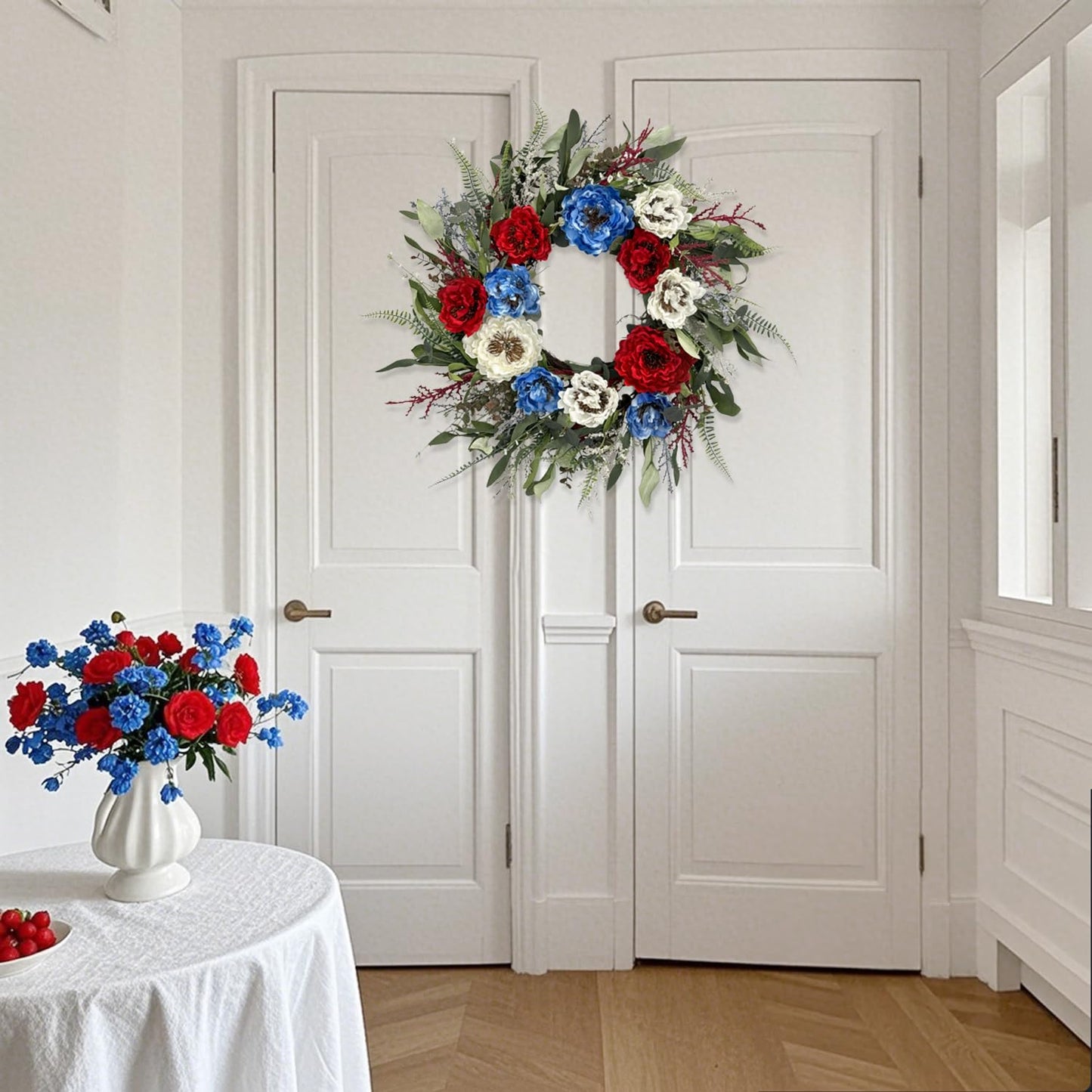 24 Inch Patriotic Wreaths for Front Door, 4th of July Wreaths for Front Door, Peony Eucalyptus Patriotic Summer Flag Wreath Handcrafted Memorial Day Artificial Flowers Wreath for Indoor and Outdoor