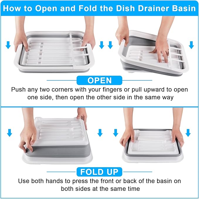 Collapsible Dish Drying Rack with Drain Plug Tube, Portable Dish Drainers for Kitchen Counter, Folding Dish Rack Over Sink Drying Dinnerware,Kitchen Sink Organizer Travel Trailer RV Camping Essentials