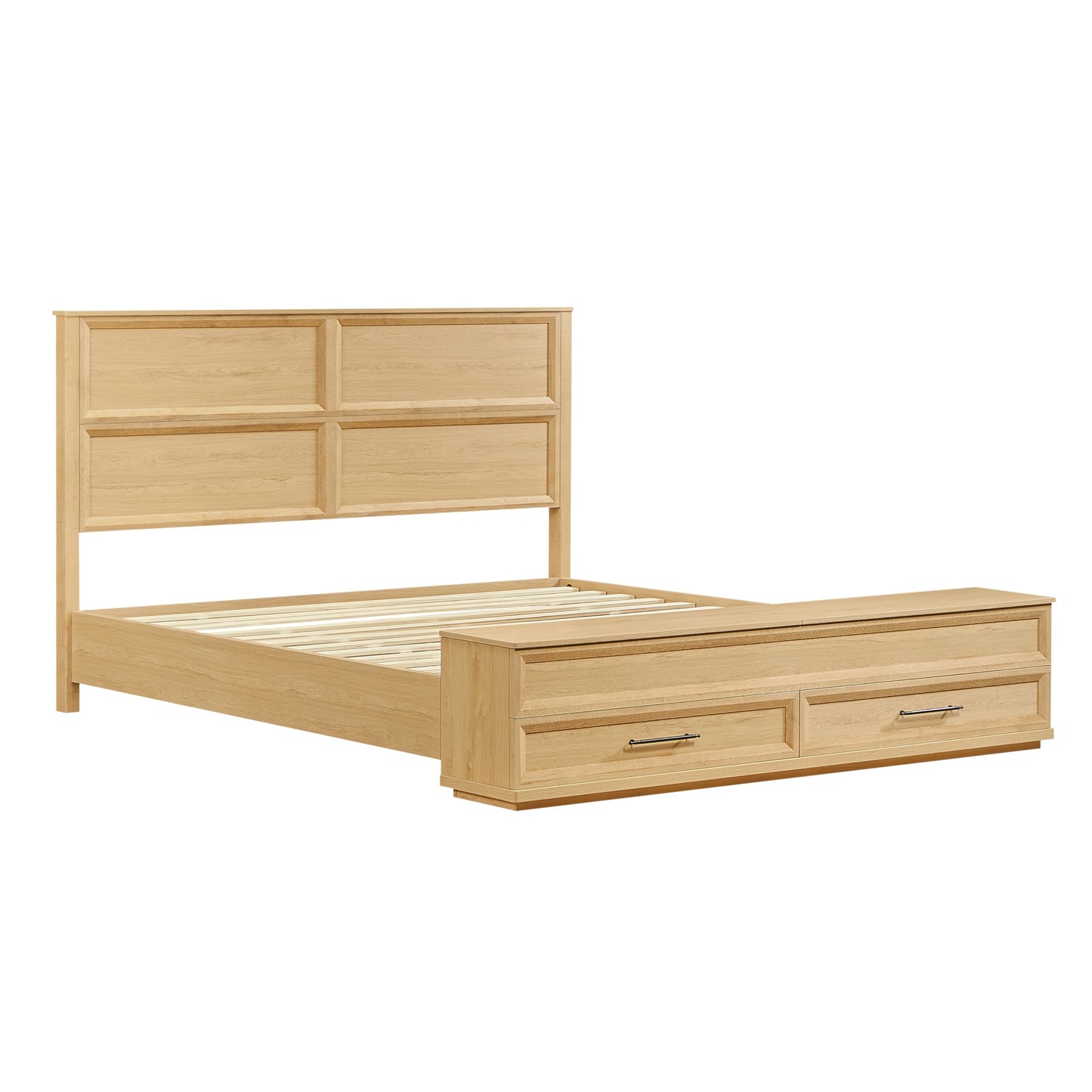 KEIKI King Bed Frame with Headboard & Storage Bench, Boho Solid Wood Platform Panel Bed with 4 Drawers, Natural Oak Bedroom Furniture Bed, Noise Free