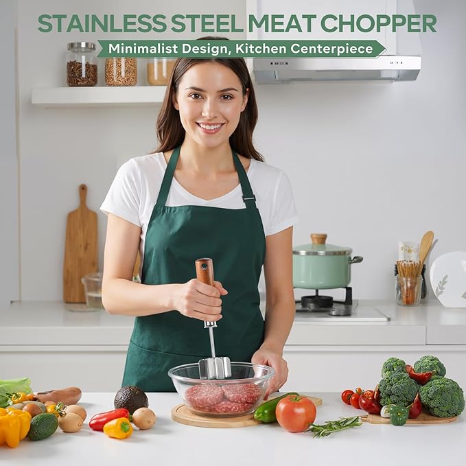 Stainless Steel Meat Chopper & Masher - Heavy Duty 6 Curve Blades Ground Beef Chopper Tool with Wooden Handle, Heat Resistant Meat Masher, Hamburger Smasher & Multi-Use Kitchen Tool
