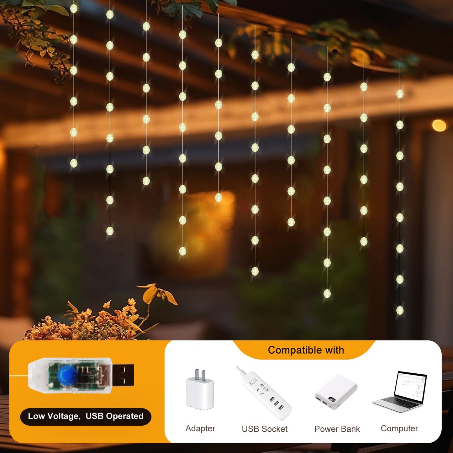 Patioman Ball Curtain Lights, Warm White Window Light 70 Balls Hanging Lights with Remote Fairy Led Twinkle String Light Home Bedroom Wall Ceiling Décor for Christmas, Wedding, Party, Birthday