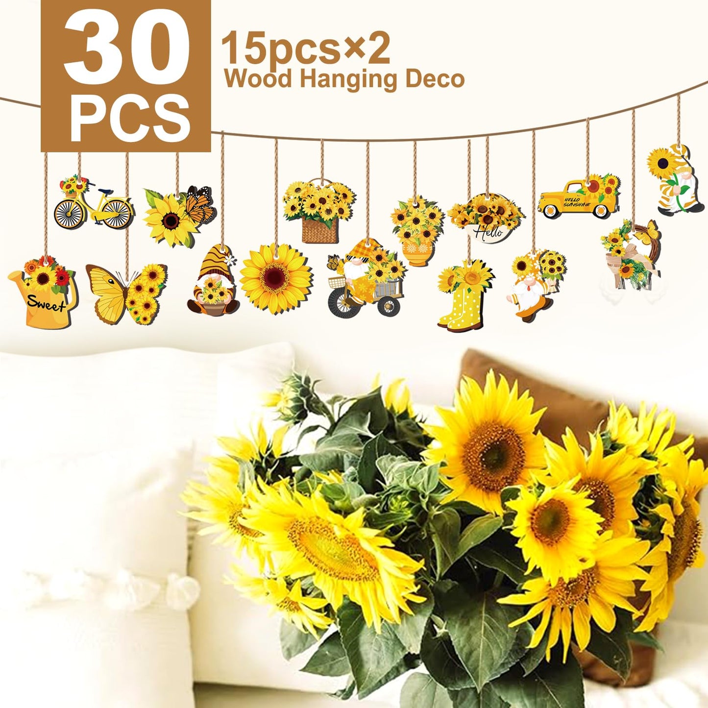 AFWHGM Sunflower Summer Wooden Ornaments Set - 30 Pcs Sunflower Tree Ornaments Garden Gnome & Flower Decor for Tree, Spring to Summer Home and Party Decorations